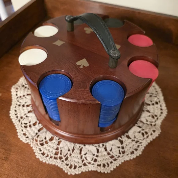 BOMBAY ♠️ Wooden Poker Chip Handle Carousel Caddy w/RedBlueWhite & Black Chips